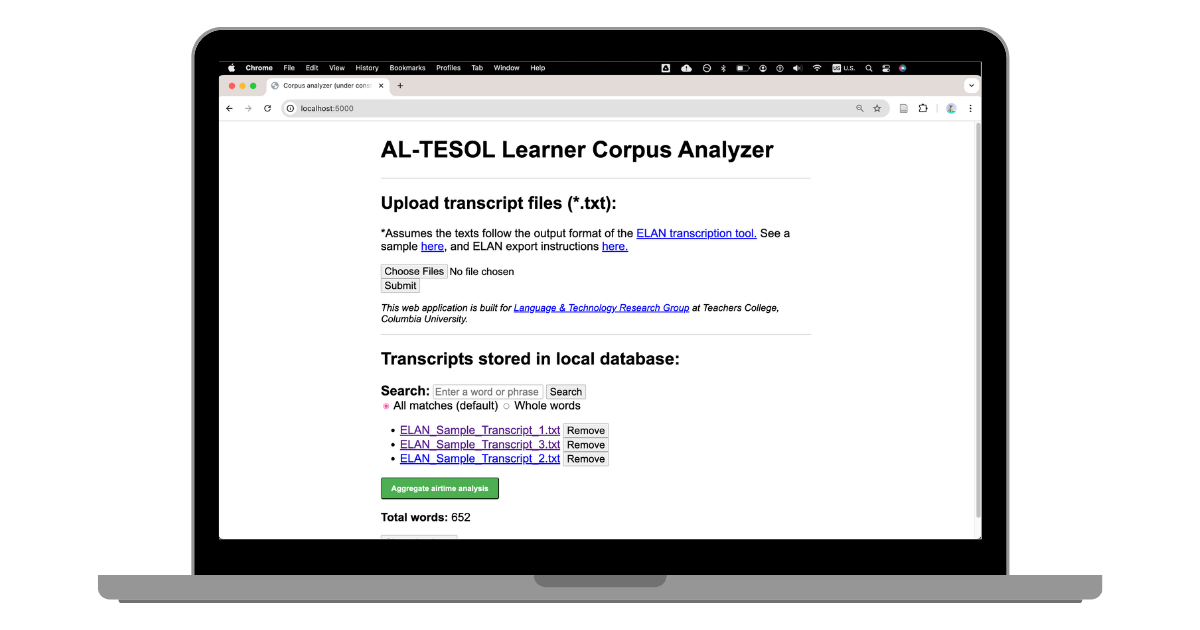 Screenshot of the corpus learning analytics app.